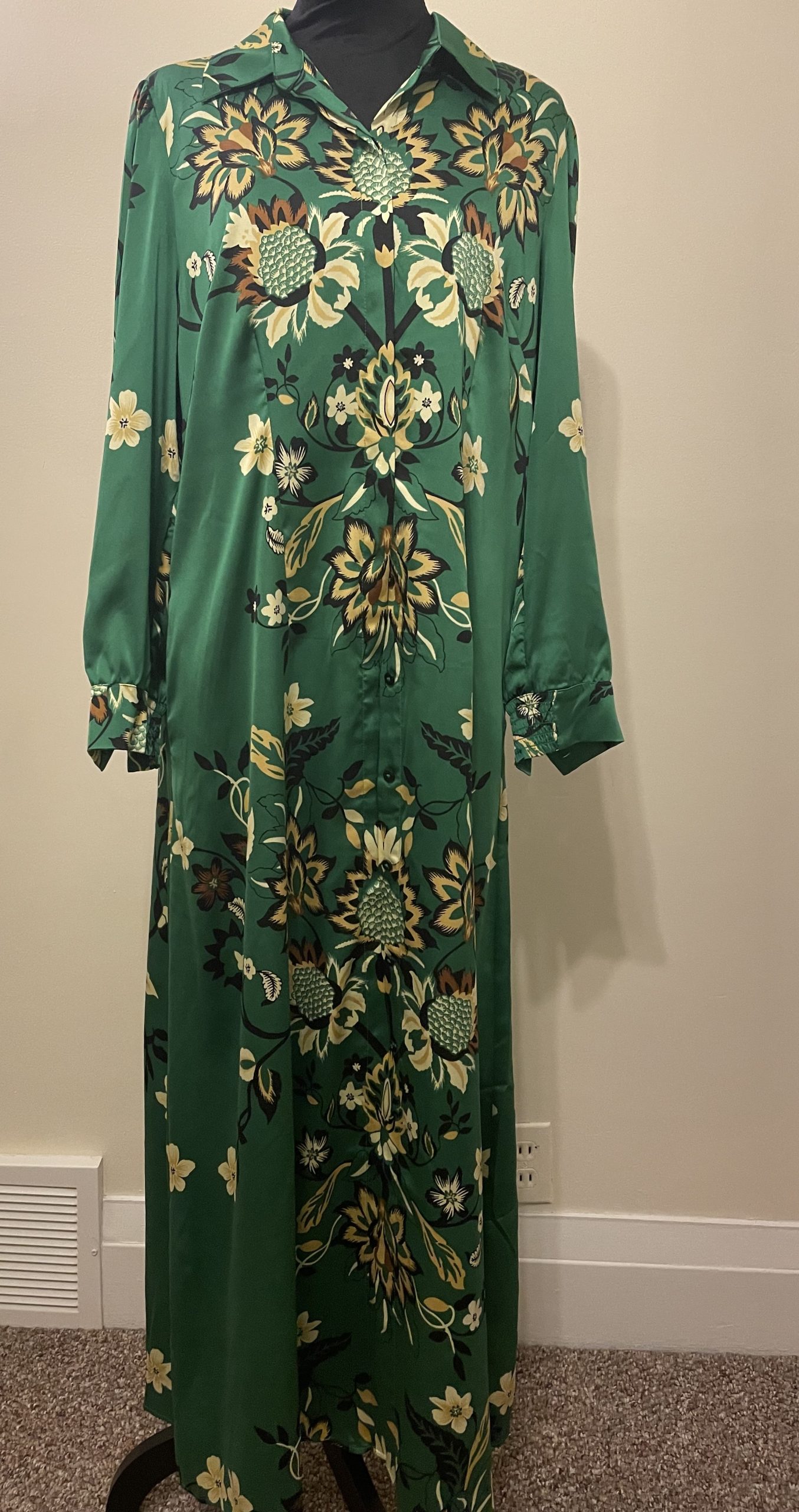 BOHO CHIC Chico's long sleeve green maxi shirt dress with Amazon print 50