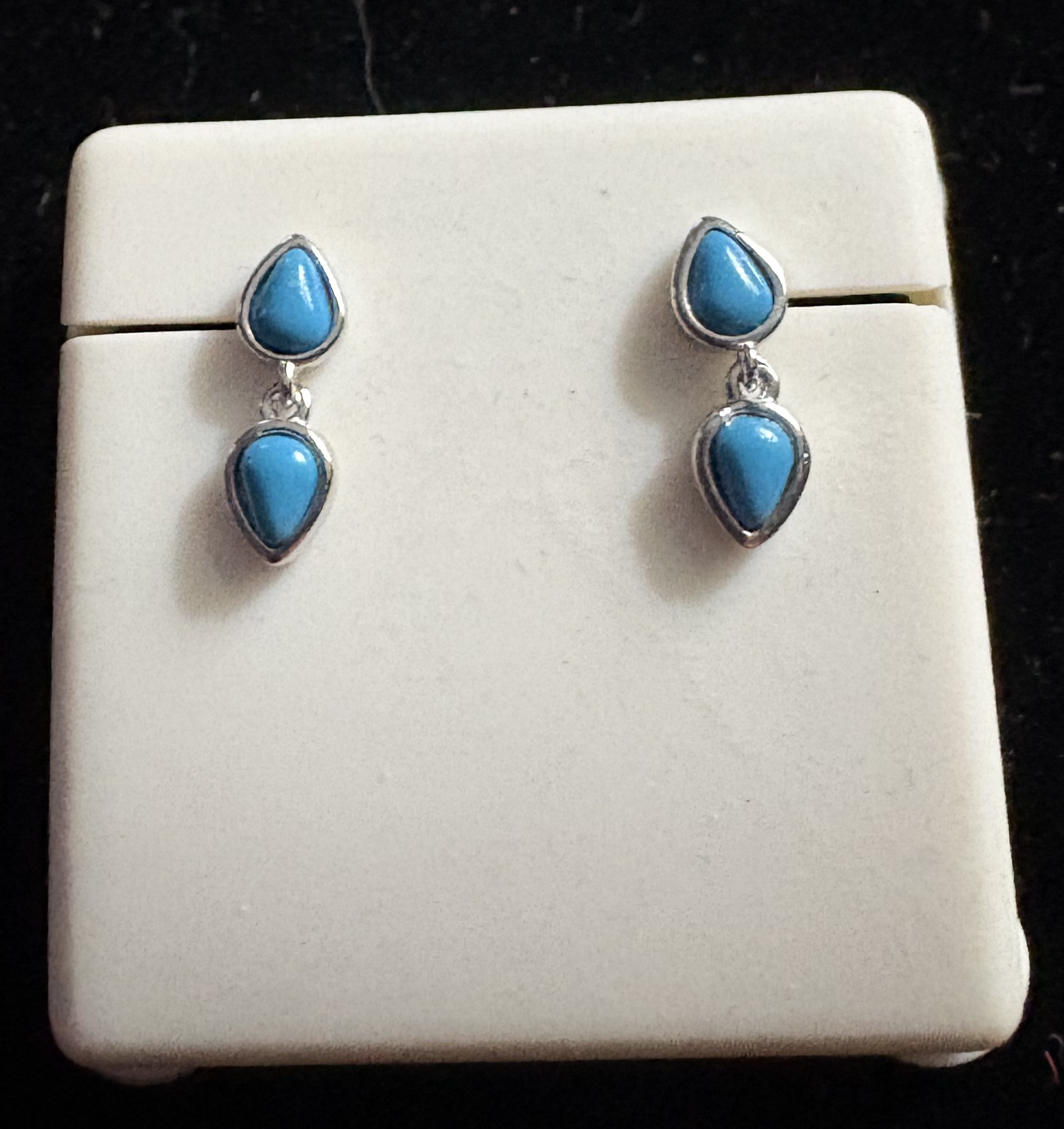 .925 Sterling Silver and Turquoise Double Teardrop Stud Earrings 2 cm NWT (J23)